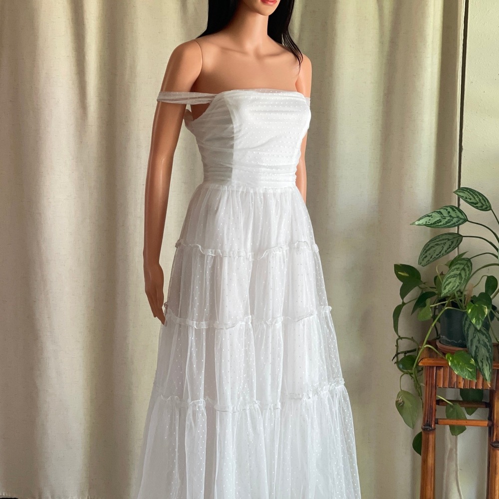 NWT Lulus White Swiss Dot Tulle Tiered Midi Dress Bridal Fairycore Cottagecore M
